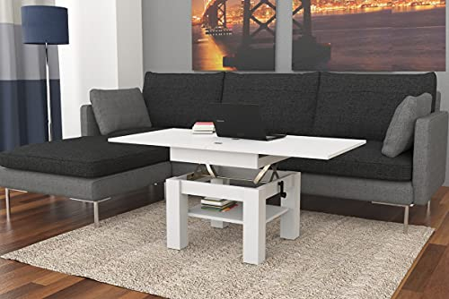 designimpex Design Couchtisch Tisch Cleo stufenlos höhenverstellbar 57-69cm aufklappbar 75 / 150cm Esstisch, Farbe:Weiß matt