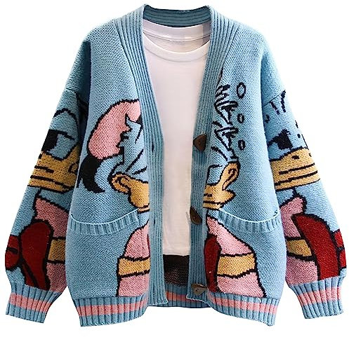 Leyoutx Womens Cute Embroidery Cartoon Duck Cable Knit Cardigans Sweater Button Down Slouchy Wool Blend Coat, Blue, M