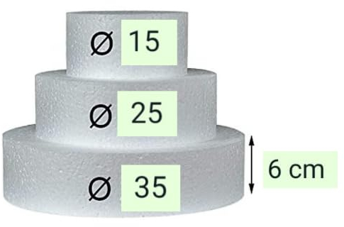 Faux gâteau à 3 étages en polystyrène – Base pour gâteaux décoratifs anniversaire, mariage, événements – Diamètre 35, 25, 15 cm, hauteur 6 ou 10 cm pour plan