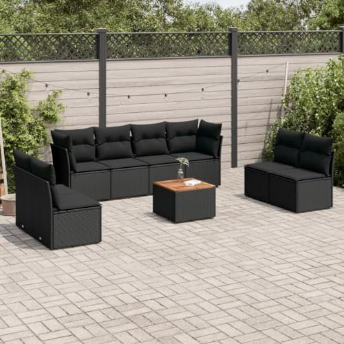 ULUYYUC 9-TLG. Garten-Sofagarnitur, Polsterbank Bodensofa Balkonmöbel Gästebett Geeignet für Außenbereich Balkon Hinterhof Garten mit Kissen Schwarz Poly Rattan