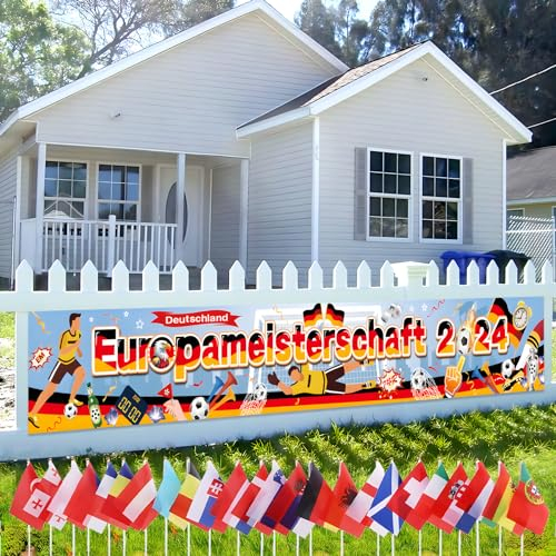 HEDMON EM Fussball 2024 Banner 300X50cm,Fußball Europameisterschaft 2024 Banner Deko 24 Länder Doppelseitige Stoff EM Fahnen Wimpelkette für Euro Fußball 2024 Dekoration für Haus Garten Bar Party Deko