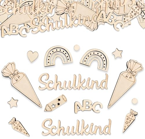 Wentsent 100 Stück Schulkind Konfetti Holz Einschulung Deko, Schulanfang Streudeko mit ABC 123 Schultüte Bleistift Regenbogen Sterne Herz, Tischdekoration für Einschulung Schuleinführung Junge Mädchen