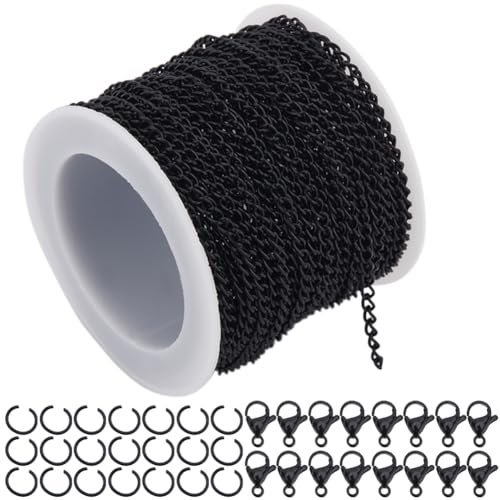 SOFPLATE 33 Fuß 10 m 3mm Panzerkettenglieder Schwarze Panzerkette Eisenkabel Ovale Gliederkette Mit Spule & 20 Karabinerverschlüssen & 50 Biegeringen Armband Halsketten Bastelset Für DIY Bastel Und S