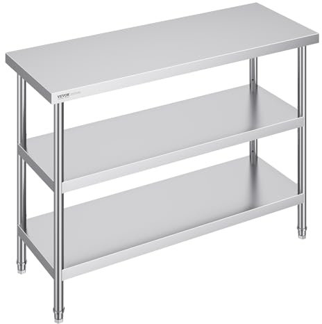 VEVOR Stainless Steel Food Prep Table, 18 x 48 x 34 Inch Commercial Kitchen Worktable, with 2 Adjustable Undershelf, Heavy Duty Prep Table Metal Work Table for BBQ, Kitchen, Home, and Garage