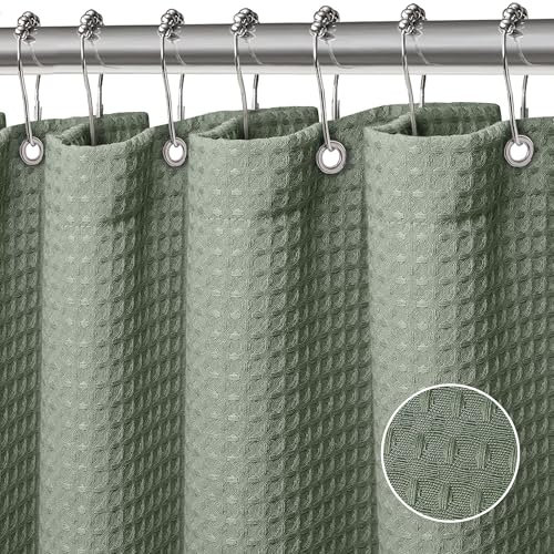 FIISAYL Waffel Duschvorhang Shower Curtains mit Magnet Waschbar Textil Polyester Stoff Bad Vorhang mit 12 Duschvorhangringe Wasserdicht für Dusche und Badewanne 90 x 183 cm(Grün)
