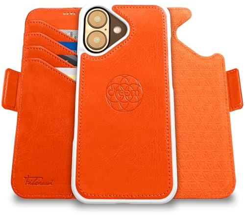 dreem for iPhone 16 Case Wallet, Revolutionary Phone Stand, Vegan Leather, MagSafe-Fit, Magnetic Detachable Flip Cover, RFID Blocking Card Holder, Gift-Box [Fibonacci:Orange]
