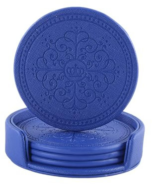 LISRSC Lot de 4 dessous de verre ronds en cuir synthétique avec support pour table basse, maison, bar, café, fête, bureau