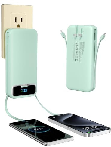 Portable-Charger Power-Bank with Built-in Cables & AC Wall Plug - 20000mAh PD 20W Fast Charging for iPhone,Android, USB-C,Rechargeable External Battery Pack for Cell Phone,Type C cords,Travel Green