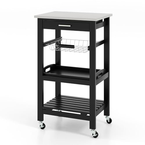 Isla de cocina rodante con ruedas con bandeja extraíble, cesta de malla de acero inoxidable, cajón de encimera y estante de listones, carrito de servir para comedor y sala de estar, color negro