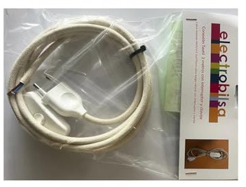 Glowster Kit de cable textil de algodón de 2 metros, 2 x 0.75 mm, con clavija e interruptor blanco, ideal para instalaciones eléctricas decorativas.