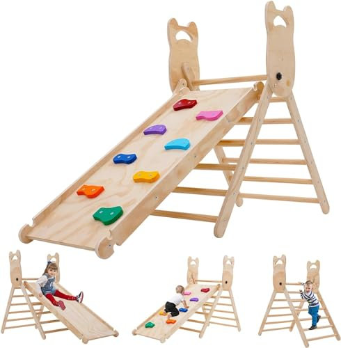 3 in 1 Climbing Frame Set Toddler,Triangle Climbing Frame,Foldable Wooden Climber Ladder & Sliding Ramp Kids,Montessori Play Gym,Climbing Toys Indoor Outdoor,Gift For For Girls and Boys