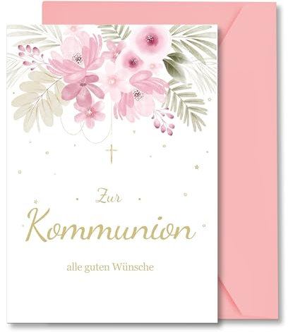 Legezon Kommunionskarten mit Umschlag Erstkommunion Karte zur Mädchen & Jungen Kommunion Karte 12 x 17cm Glückwunschkarte zur Kommunion (Rosa)