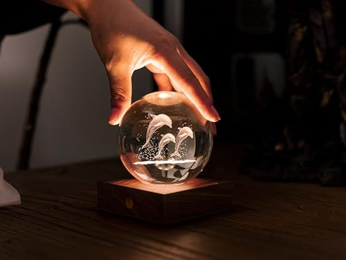 Gingko Design Amber Crystal Light – Jumping Dolphins | LED 3D Crystal Glass Lamp | Touch Control | Elegant Night Light for Bedroom, Living Room, Gift Box Included
