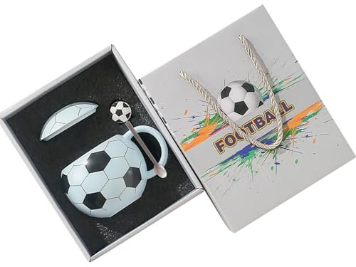Cute Mugs 14oz Unique Ceramic Coffee Mug with Lid and Spoon, Funny Mugs Cereal Bowl Soccer Gifts for Coaches Fans Players, Gag Sports Cool Stuff Cups Soccer Mom Teacups Retirement Gifts, SkyBlue