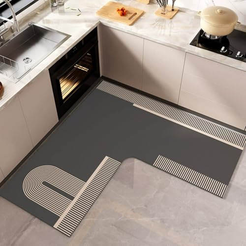 Küche Teppich rutschfest Kieselgur L-förmig Küchenläufer Schnelltrocknend Küchenteppich Absorbierend Läufer Teppich Geometrie Kunst Abwaschbar Küchenmatte Schmutzfangmatte, 120x45 cm, Style 5