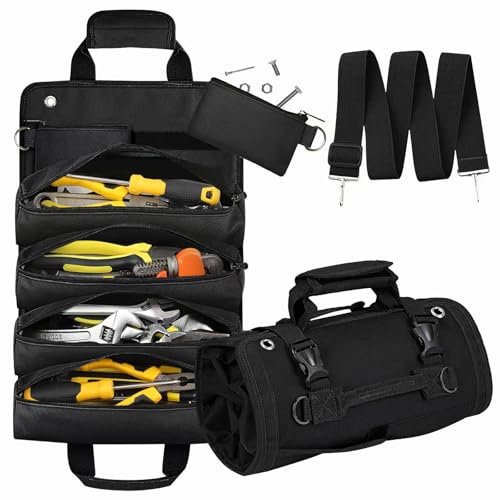 Storystore Heavy Duty Foldable Tool Roll Storage Pouch, Portable Tool Storage Carrier Bag for Men, Mechanic, Electrician & Hobbyist (Black)