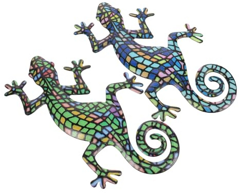 BESTonZON Gecko Wanddeko aus Metall, 2 Stück, für Innen und Außen | Metall-Geckos zum Aufhängen an Wand und Zaun, dekorative Wandskulpturen für Wohnzimmer, Schlafzimmer, Garten und Terrasse