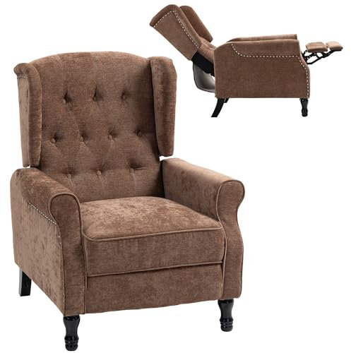 HOMCOM Recliner Armchair, Vintage Reclining Chair with Nail Head Trim, Wingback Chair with Button Tufted Back and Footrest, for Living Room, Brown