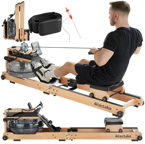 tectake® Wasser Rudergerät für Zuhause + Pulsgurt, Holzrudergerät Heimtrainer mit Wassertank, Wasserrudergerät bis 150kg, Rudermaschine klappbar, Fitnessgeräte für Zuhause, Rückentrainer