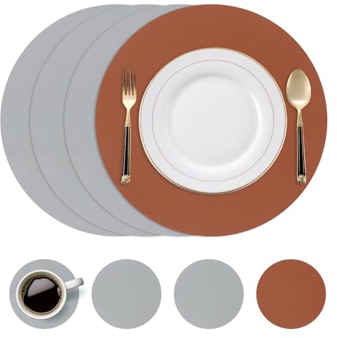 Set di 4 Tovagliette e Sottobicchieri, Tovagliette in Pelle PU Lavabili Rotonde, Antiscivolo, Impermeabili, Bifacciali, Tovaglietta per Tavolo da Pranzo, Banchetti, Feste (Marrone Grigio)