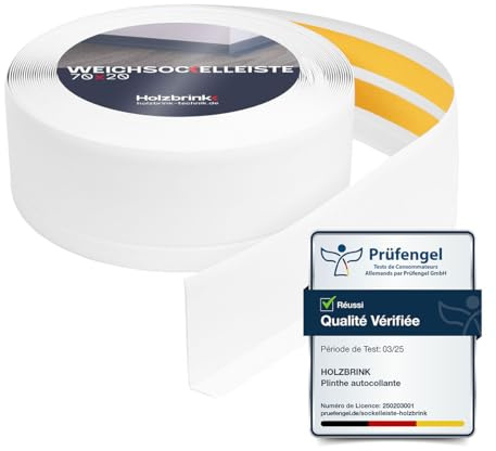 HOLZBRINK Plinthe souple autoadhésive 70x20mm, 2,5 m | Plinthe PVC pour protéger mur cuisine, finition plan de travail | Cornière PVC | Couleur: Blanc