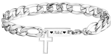 Jovivi Personalisiert Armband Herren Panzerkette Armband mit Kreuz Anhänger Gravur Partnerarmband Namen Personalisierte Geschenke für Männer Sohn Papa Freund