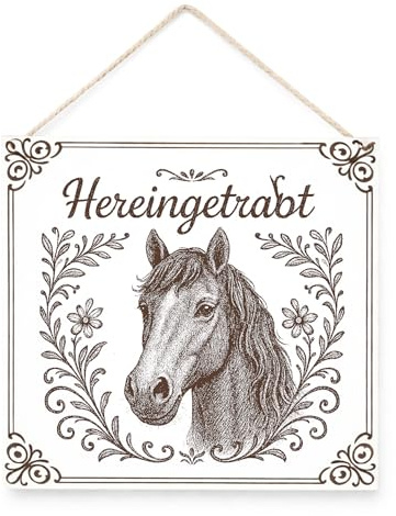 Pferde Schild Hereingetrabt 15x15 cm – Holzschild Pferd Stall Deko – HDF Weiß Braun Lasergravur – Geschenk für Reiter, Pferdeliebhaber, Reiterhof Dekoration
