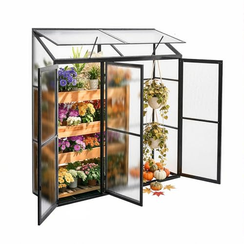 Gegaden Anlehngewächshaus Aluminium Beistell-Gewächshaus (Schwarz) – 180x54x190cm, 3 Türen & 2 Oberlicht, geeignet für Zitronenbaum-Töpfe, Chrysanthemen & weitere Pflanzen, Greenhouse