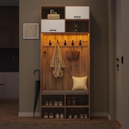 HAUSPROFI Garderobe Set, 4 Stück Flur Garderoben Komplettprogramme, mit Spiegel Schuhschrank Sitzbank, Wandgarderobe mit Ablage, Schlafzimmer Garderobenset (Weiß, 180x80x35cm)