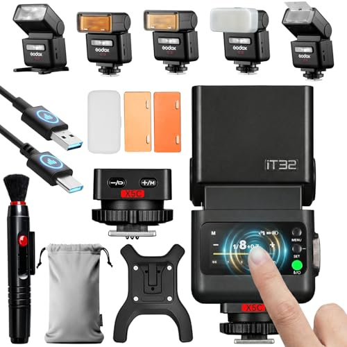 Godox iT32 TTL Flash con Disparador X5C para cámaras Canon, 2.4GHz HSS 1/8000s Flash inalámbrico TTL, con Pantalla táctil, luz LED, batería integrada y Control Remoto Compatible con Sistema Godox X