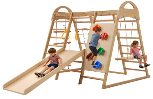 7 in 1 Großes Klettergerüst Indoor, Multifunktions Kletterspielzeug, Holz Spielplatz mit Rutsche, Schaukel, Kletterwand, Turnringen, Kletterstein aus Kunststoff, für Kinder ab 3 Jahre(Massivholz)
