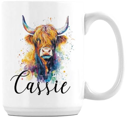 Personalised Colorful Highland Cow Custom Name Gift for Kids,15oz Ceramic Coffee, Tea Mug. (White Inside)