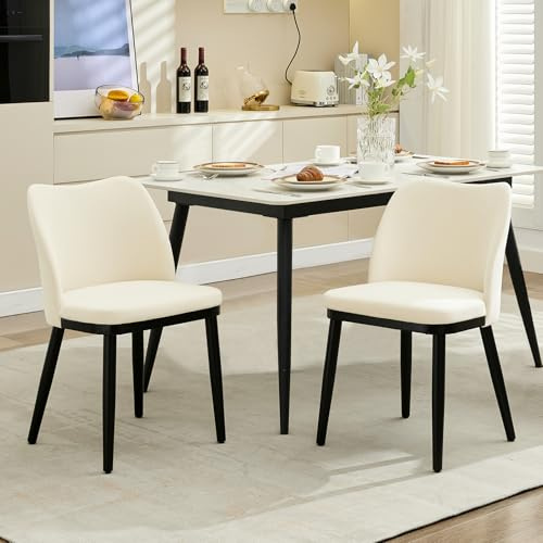OPULENTHOME Cómoda silla de comedor con tapicería de piel acolchada elegante y refinada, adecuada para salones, comedores y cocinas. Color blanco roto. 77 × 51 × 48 cm.