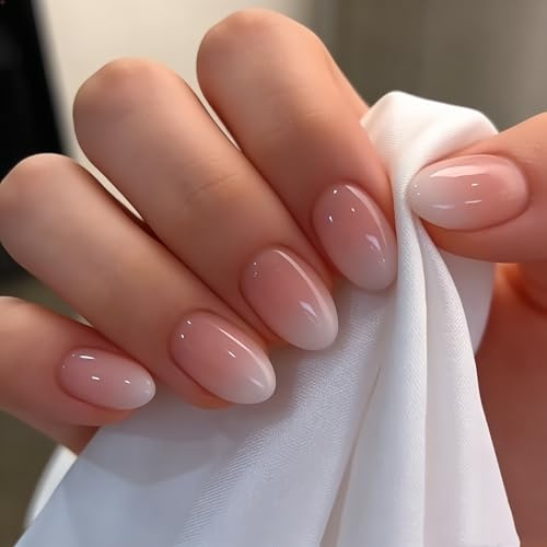 KQueenest Ombré Rosa Press on Nails Kurz – French Nägel zum Aufkleben Kurz Runde, Farbverlauf Rosa Weiß Fake Nails Short, Mandel Künstliche Nägel Set für Frauen, 24 Stück