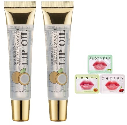 Kokosnuss Lippenöl, Beruhigendes Pflegeöl und Intensivpflege gegen Trockene und Spröde Lippen, Leichtes Lippenöl mit Langanhaltendem Glanz für Tägliche Pflege und Unterwegs, 2 Stück