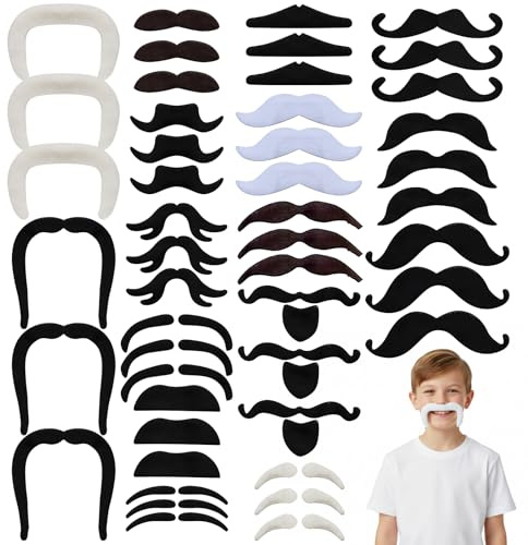 Self-Adhesive Novelty Fake Moustache, 48 Pcs Self Adhesive Realistic Moustaches Kit, Fake Beard Stick on Moustache for Masquerade Party Favor Birthday party Costume and Performance