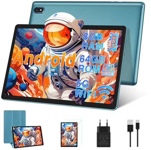 DMOAO Tablette 10 Pouces 4Go RAM(Extensible jusqu'à 8 Go) 64Go ROM 1TB Extensible, Tablette Android avec 5G WiFi, Bluetooth 5.0, 8 cœurs 2.0 GHz, 6000mAh, 1280 * 800, Type-C, Tablette Tactile, Bleu