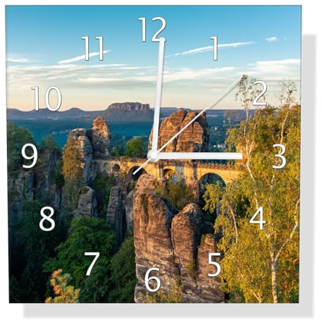 Wallario Design-Wanduhr Steinerne Brücke in der Landschaft aus Glas, Motiv-Uhr Größe 30 x 30 cm, weiße Zeiger