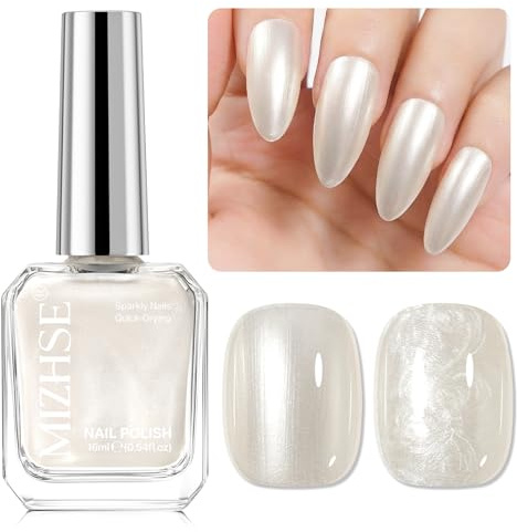 MIZHSE Pearl Nail Polish White Pearlescent Nails Varnish Quick Dry Non Gel | Pearlescent Shimmer, Pearlised Nail Varnish, Air Dry, Home & Salon Nails Art, White