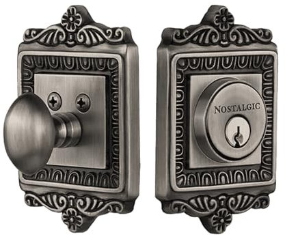 Nostalgic Warehouse 726069 Egg & Dart Plate Single Cylinder Deadbolt Egg & Dart Door Knob in Antique Pewter,