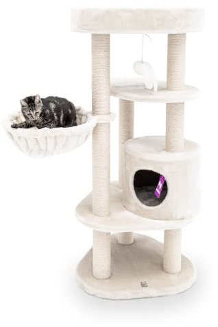 Petrebels Kratzbaum Charlotte 134 cm hoch, Premium Qualität Katzenbaum mit Hängematte, Liegefläche und Höhle, Farbe Beige/Creme