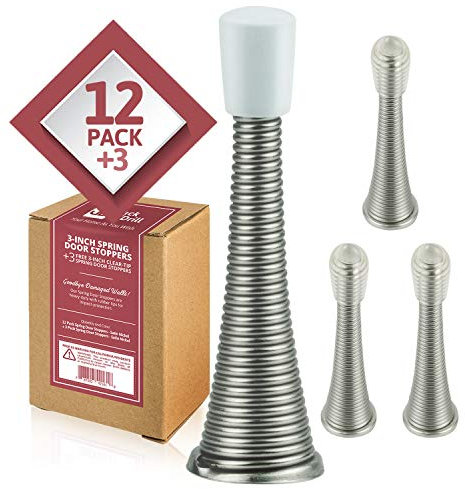 Jack N’ Drill 3” Spring Door Stopper Special Edition Satin Nickel 15pcs Value Pack (12pcs White + 3pcs Clear Tips) Bendable Spring and Heavy Duty Rustproof Door Stop, 100% Safe for Children and Pets
