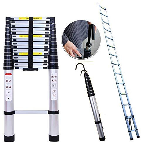 6.2M 20.34FT Portable Aluminum Extension Ladder with Detachable Hook for Extra Stability Heavy Duty 330lb Load Portable Loft Extendable Ladders 15 Steps Anti-Slip Rubber Feet EN131 Certificated