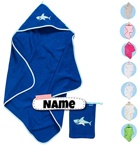 Baby Kapuzenhandtuch Set mit Waschlappen | Baby Handtuch Kapuzenbadetuch 75 x 75 cm | personalisiert mit Name | Baby Badetuch Bestickt mit Namen | Jungen Mädchen (Marine Hai)