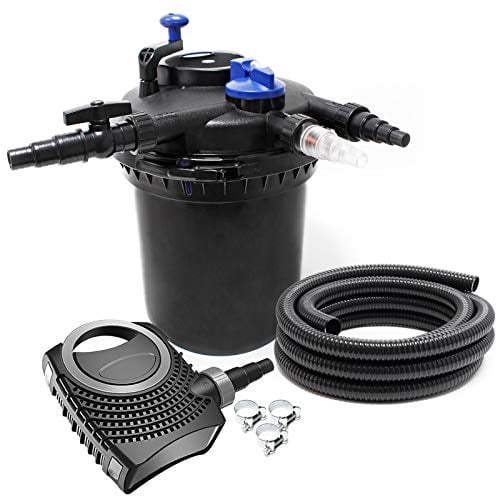 SunSun Kit Complet: CPF-10000 Filtre de Bassin à Pression Jusqu’à 10000 L avec 11 Watt Lampe UV, NEO6000 SuperEco Pompe 6000l/h 40W, 5m Tuyau 38 mm (1 1/2), Collier de Serrage W1 44-47mm