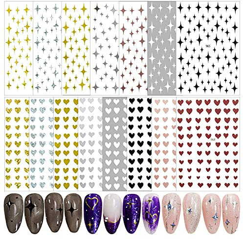 15 Sheets 3D Star and Love Heart Nail Art Stickers Star Self Adhesive Nail Decal Stickers Love Nail Art Decoration Laser Gold Silver Black White Colors