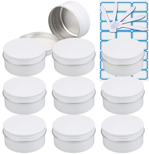 ZEOABSY 10 Pezzi Barattoli di alluminio 80ml a Vite Bianca Scatola in Alluminio Forma Rotondo, Vasetti per DIY Candele Cosmetico Caramella Gadget Balsamo Labbra, 1x Etichette e 5x Spatola
