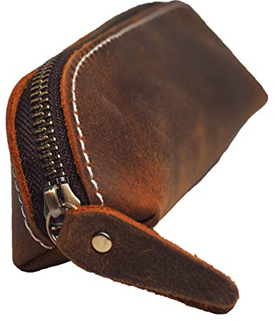 BAWAKO Federmäppchen aus Hochwertigem Leder, Kompaktes Schönes Stift Etui Handgemacht mit Reißverschluss für Schüler Student, Kosmetiktasche, Schminktasche (Nussbraun, L18)