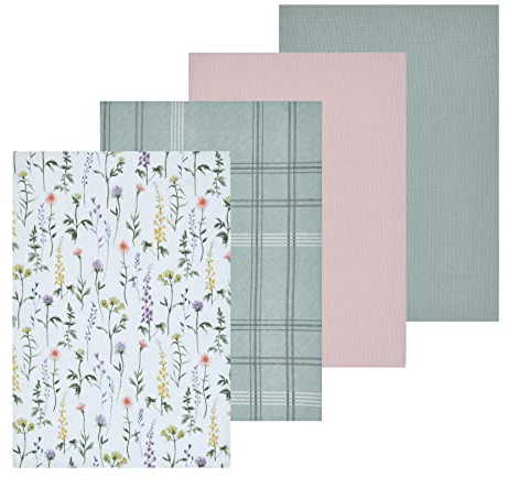 Sleepdown Meadow Floral Geschirrtücher mit Waffelmuster, 100% Baumwolle, halb Panama, super saugfähig, Luxus-Hotelqualität, Küchentuch, 4 Stück, Weiß, 46 cm x 65 cm