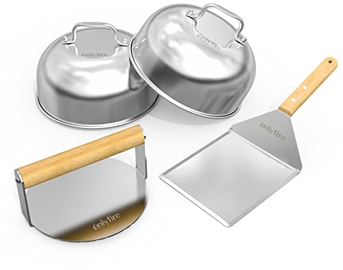 only fire Griddle Accessories Kit,4 PCS,Cheese Melting Dome & Burger Press Kit,6 Inch Basting Cover with Burger Smasher & Grill Spatula for Outdoor Griddle BBQ, Flat Top Teppanyaki Grilling & Steaming